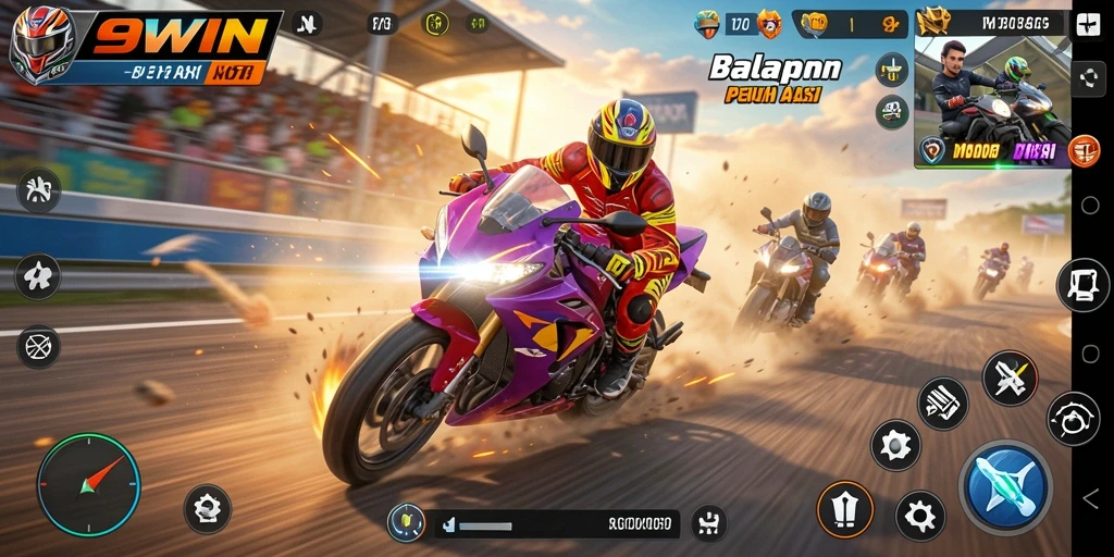 Tampilan gameplay mendebarkan dari 9WIN saat balapan motor di trek yang menantang.