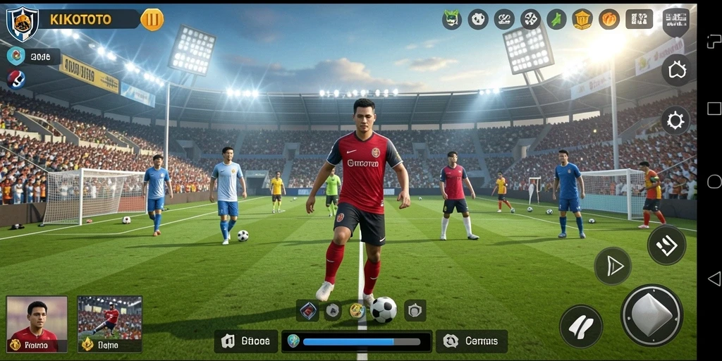 Tangkapan layar gameplay KIKOTOTO menampilkan aksi seru di lapangan sepak bola.