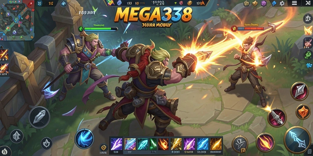 Screenshot gameplay MEGA338 dengan aksi seru di arena MOBA.