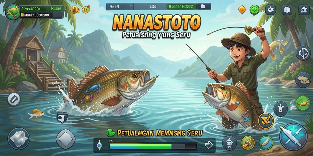 Screenshot NANASTOTO menampilkan pemain sedang menikmati momen memancing yang mendebarkan.