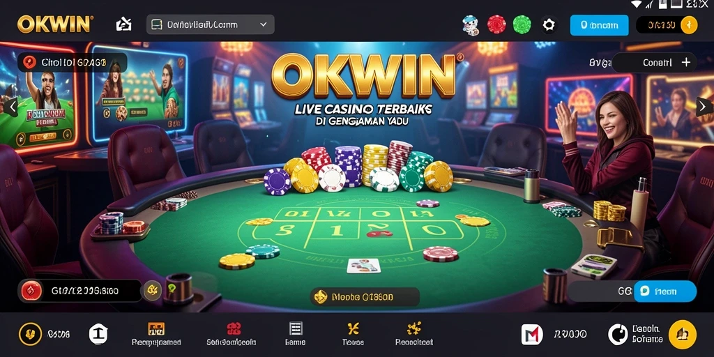 Screenshot OKWIN menunjukkan dealer langsung yang sedang mengatur permainan kartu.