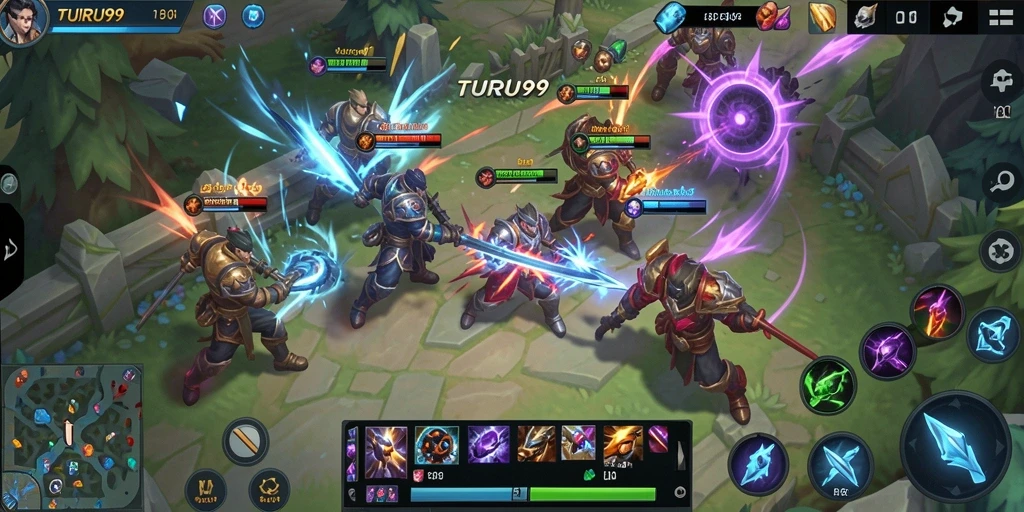Tangkapan layar gameplay TURU99 menampilkan pertarungan tim yang seru.