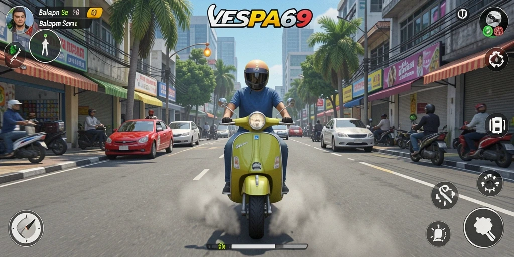 Screenshot utama VESPA69 menampilkan pemain sedang balapan di jalanan kota yang indah.