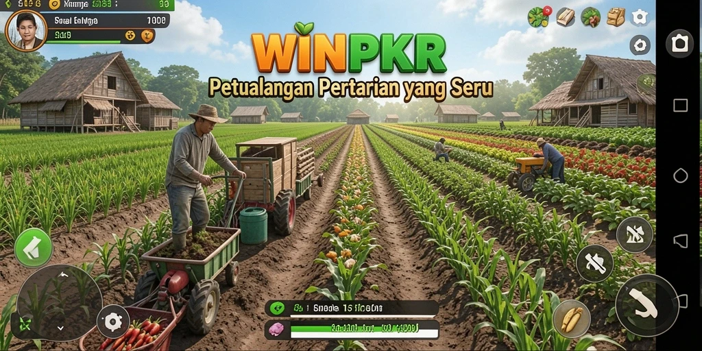 Screenshot gameplay <strong>WINPKR</strong> menampilkan lahan pertanian yang subur dan hewan ternak yang bahagia.